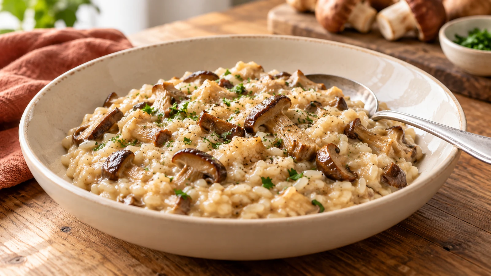 Cremiges Steinpilzrisotto mit sichtbaren Reiskörnern und Steinpilzen in einer flachen Schale