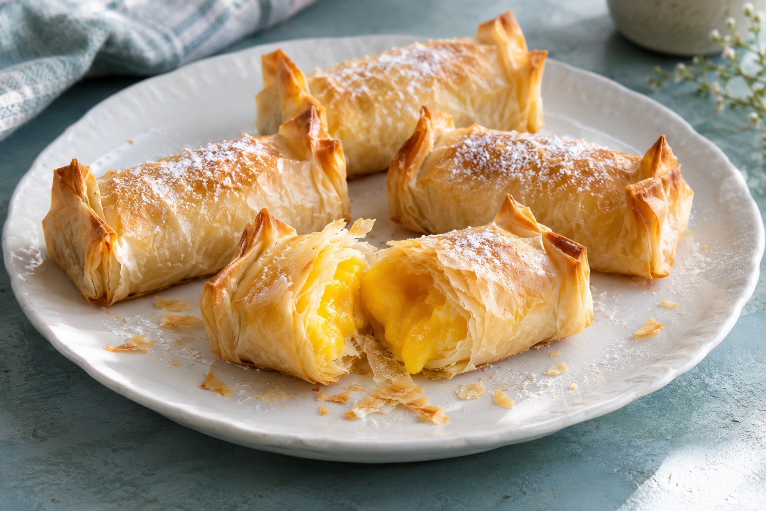 Kleine goldbraune Filoteigröllchen mit hochgefalteten Enden und gelber Eiercreme, eines aufgebrochen
