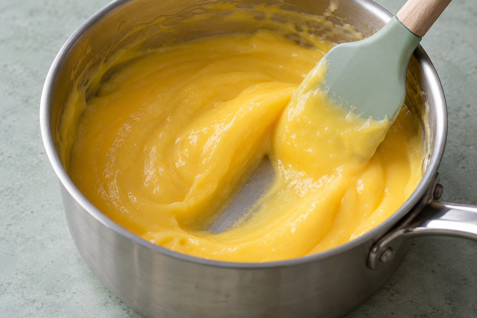 Dickliche goldgelbe Eiercreme im Topf mit einer sichtbaren Spur des Teigschabers