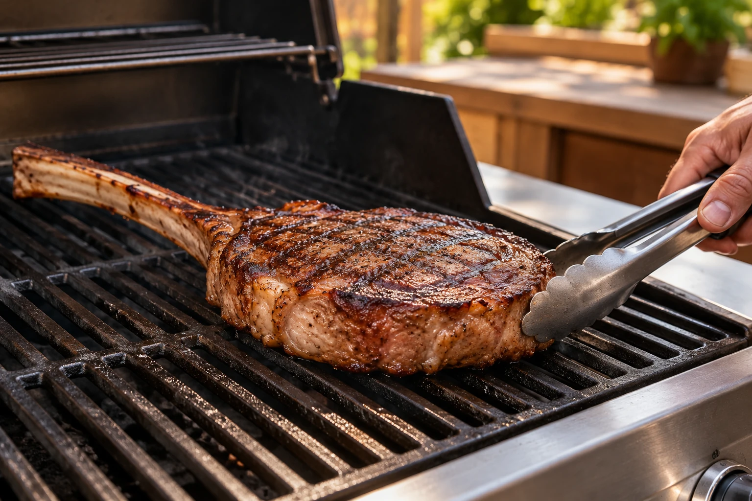 Gebräuntes Tomahawk-Steak wird mit einer Grillzange auf der direkten Grillzone gewendet