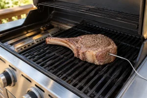 Ganzes Tomahawk-Steak auf dem Gasgrill mit seitlich in das Fleisch eingeführtem Temperaturfühler