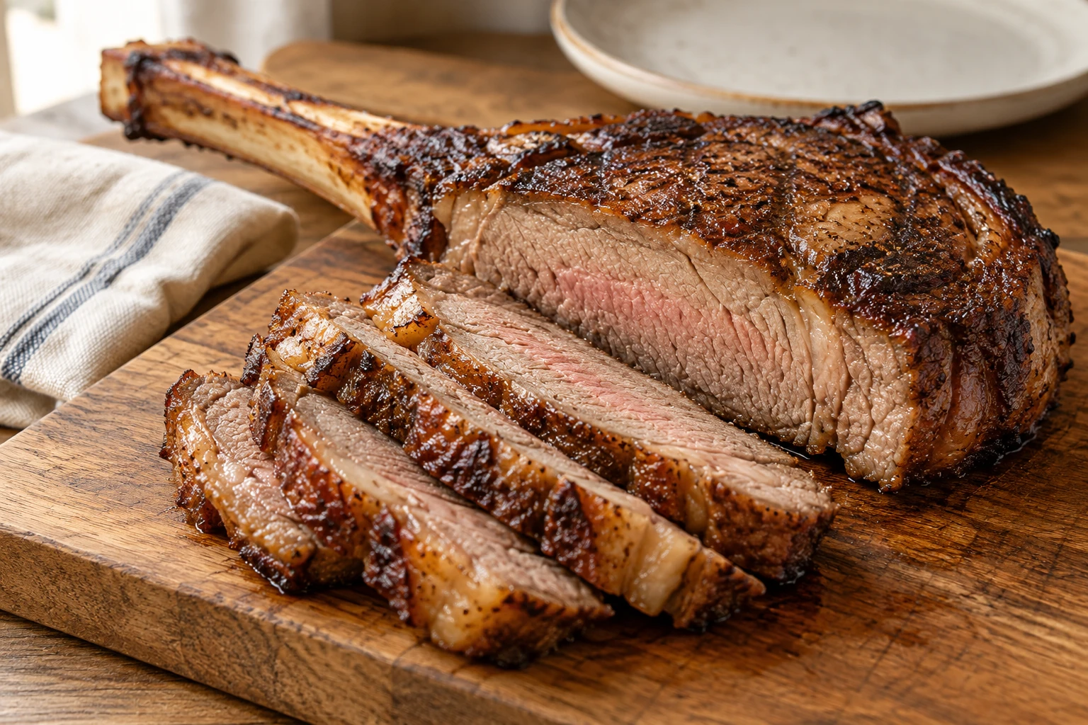 Aufgeschnittenes Tomahawk-Steak mit brauner Kruste und einem schmalen hellrosa Kern