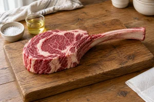 Dickes rohes Tomahawk-Steak mit langem Rippenknochen auf einem separaten Brett