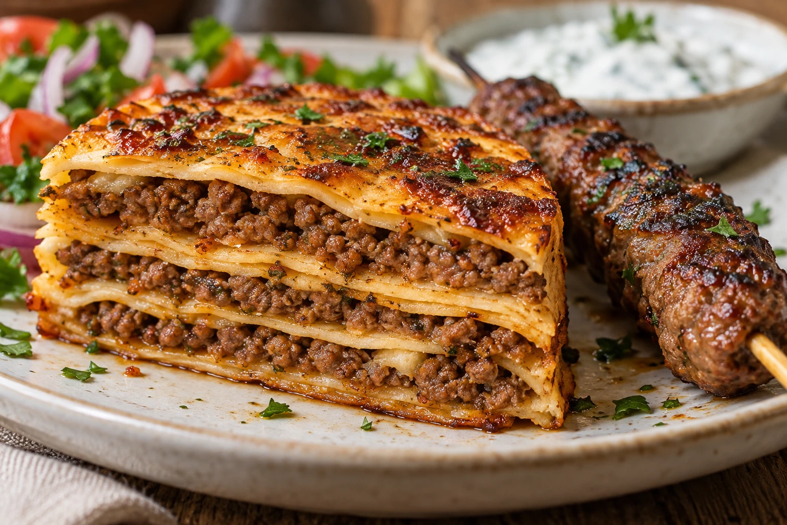 Aufgeschnittenes Tortilla-Kebab-Stück mit durchgegarten Hackfleischlagen und knusprigen Tortillarändern