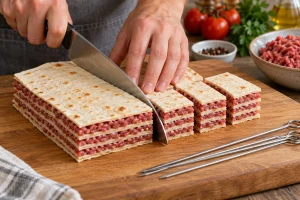 Stapel aus Tortillas und dünnen Hackfleischschichten wird in kompakte Stücke geschnitten