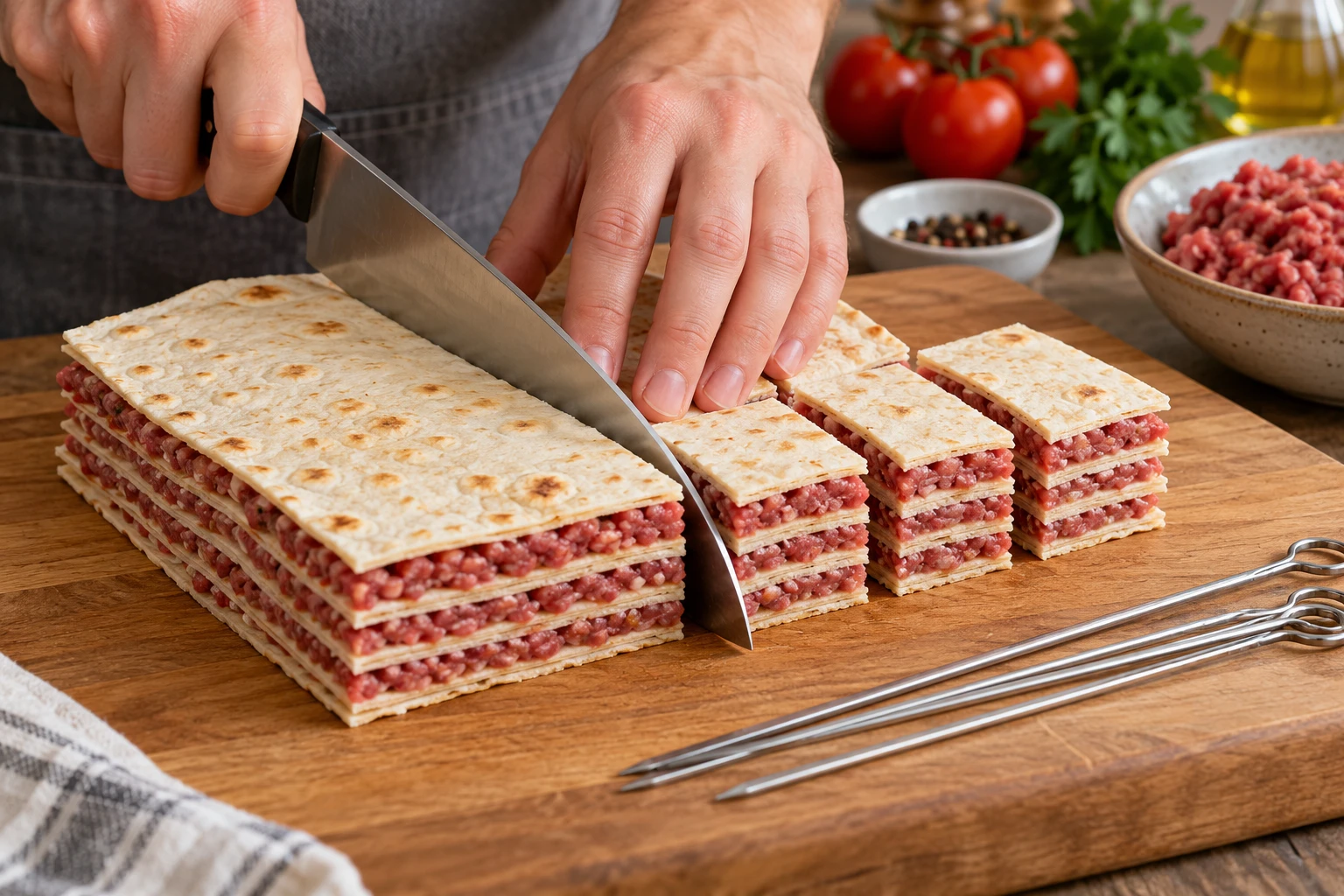 Stapel aus Tortillas und dünnen Hackfleischschichten wird in kompakte Stücke geschnitten