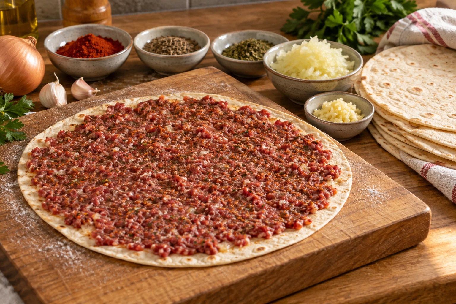 Weizentortilla mit einer dünnen gleichmäßigen Hackfleischschicht neben Gewürzen und Zwiebel