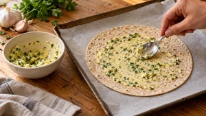 Knoblauch-Petersilien-Butter wird dünn auf einer einzelnen offenen Weizentortilla verteilt