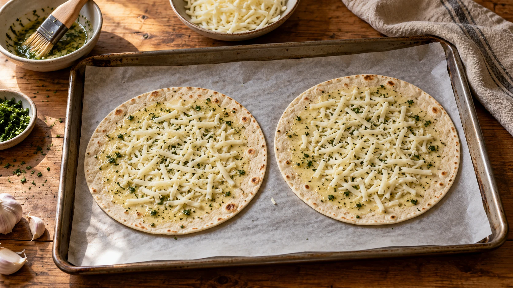 Zwei offene Tortillas mit Knoblauchbutter und locker verteiltem geriebenem Mozzarella liegen nebeneinander auf einem Blech