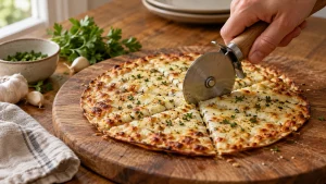 Eine mit Käse überbackene offene Knoblauch-Tortilla wird mit einem Pizzarad in Dreiecke geteilt