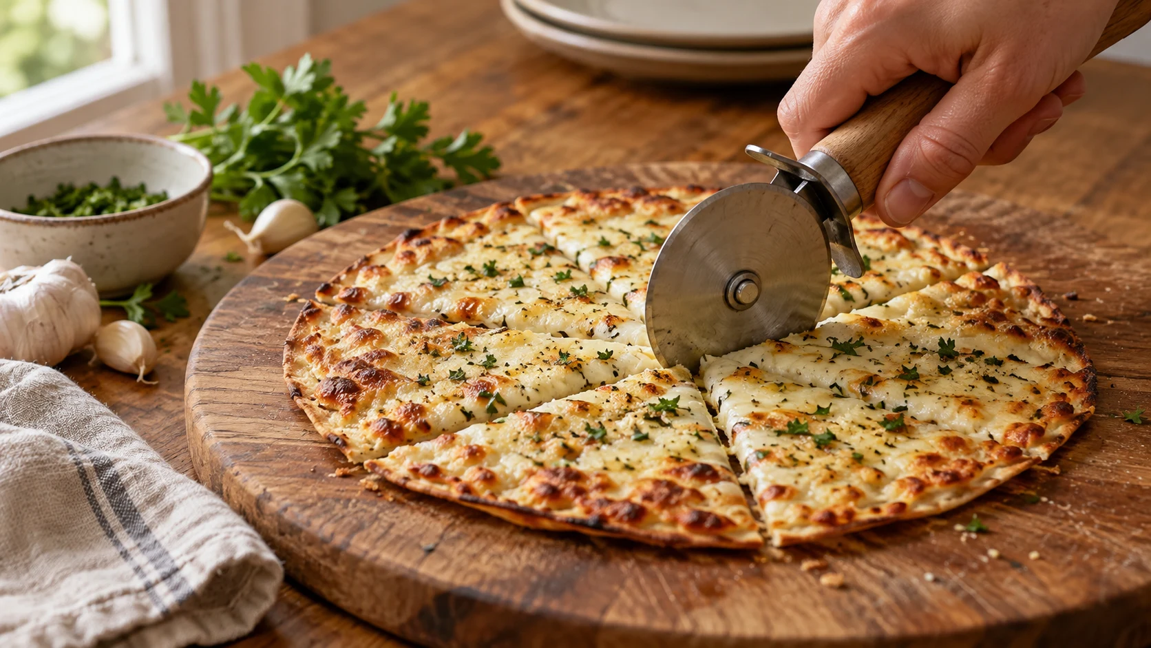 Eine mit Käse überbackene offene Knoblauch-Tortilla wird mit einem Pizzarad in Dreiecke geteilt