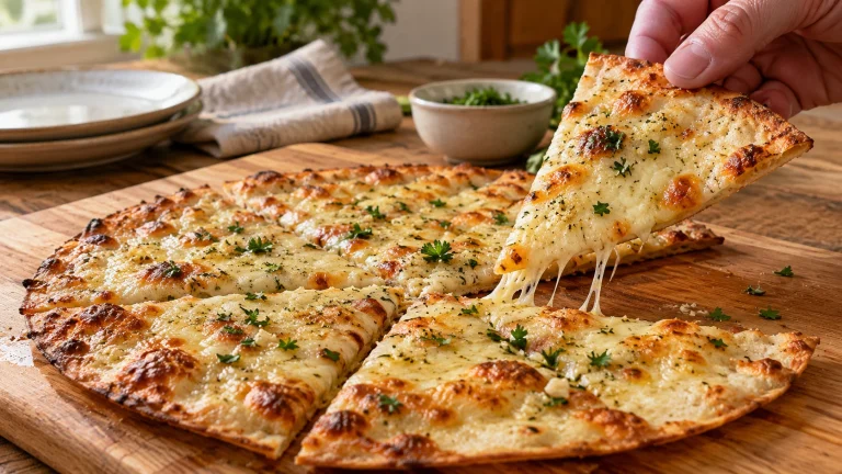 Ein knuspriges Tortilla-Dreieck mit Knoblauch, Petersilie und geschmolzenem Mozzarella wird vom Brett gehoben