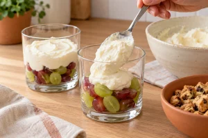 Quark-Sahne-Creme wird mit einem Löffel auf halbierte Trauben in einem Glas gesetzt