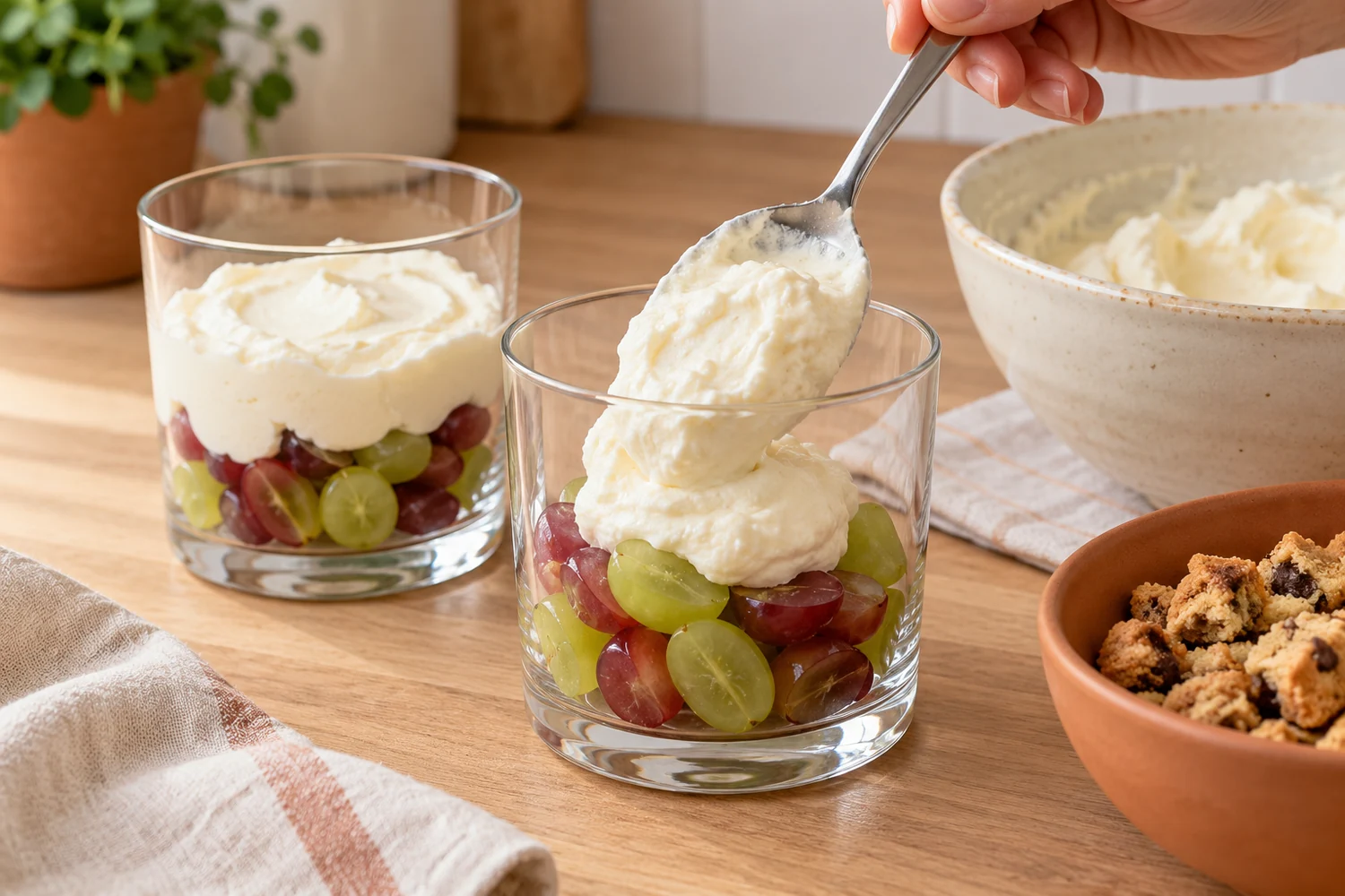 Quark-Sahne-Creme wird mit einem Löffel auf halbierte Trauben in einem Glas gesetzt