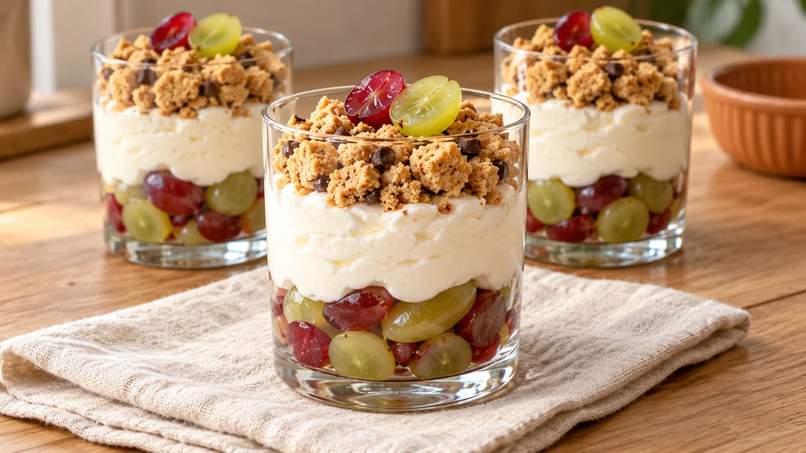 Trauben-Cookie-Dessert mit drei Schichten aus Weintrauben, Quarkcreme und groben Cookiebröseln im Glas
