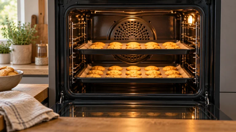 Zwei Backbleche mit Plätzchen auf getrennten Ebenen in einem geöffneten Backofen