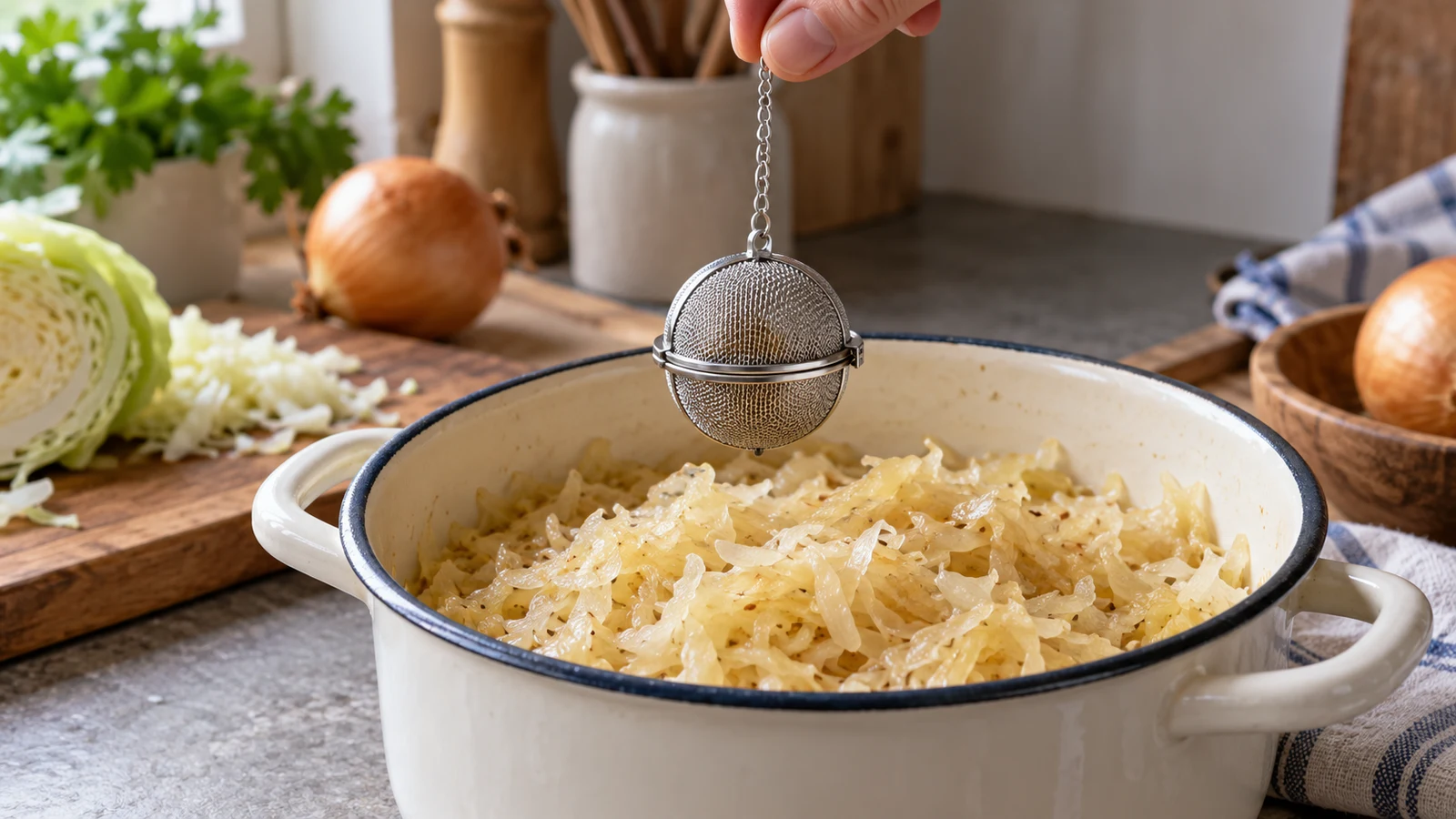Geschlossenes Gewürzei über einem Topf mit Sauerkraut.