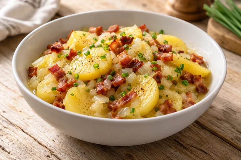 Warmer Kartoffelsalat mit Speckwürfeln und Schnittlauch in einer weißen Schüssel