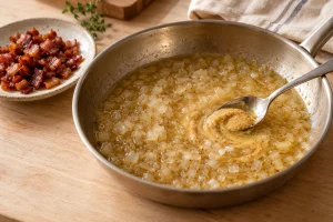 Zwiebelwürfel in einem flüssigen Dressing aus Brühe, Essig und Senf neben gebratenem Speck