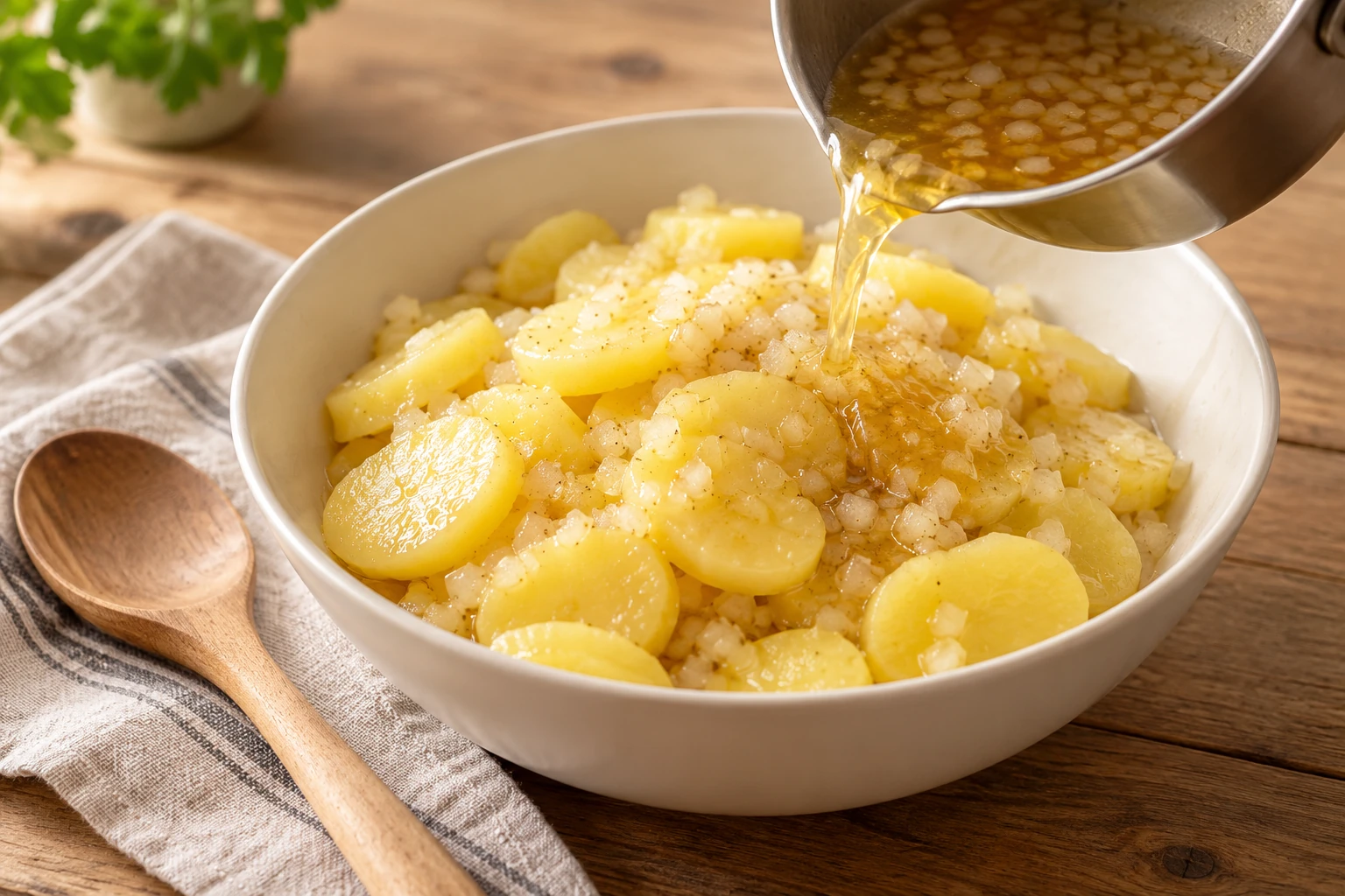 Heißes Dressing wird über warme Kartoffelscheiben gegossen