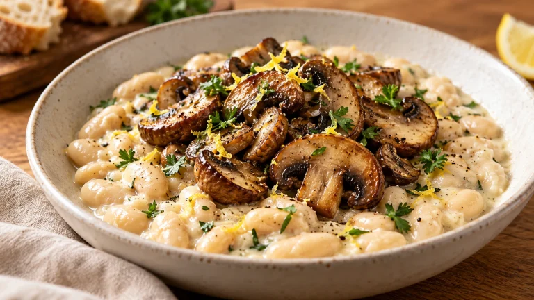 Gebräunte Champignons mit Zitronenabrieb auf cremigen weißen Bohnen in einem hellen tiefen Teller