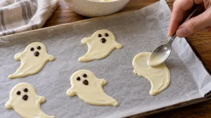 Weiße Schokolade wird mit einem Teelöffel auf Backpapier zu kleinen Geisterformen verstrichen.