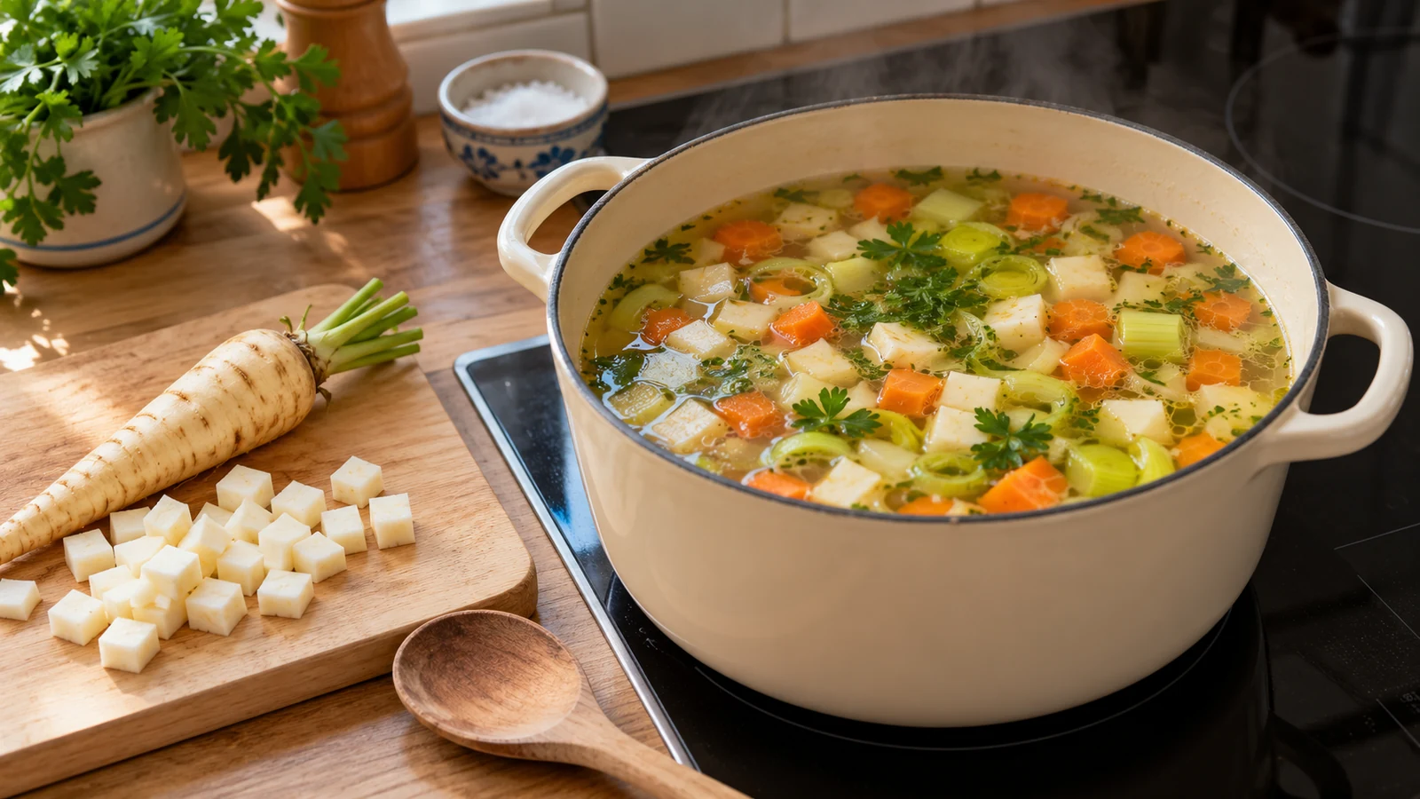 Gemüsesuppe mit hellen Wurzelwürfeln, Möhren und Lauch neben einem Brett mit Petersilienwurzel