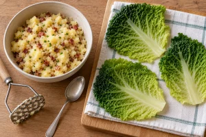 Blanchierte Wirsingblätter neben festem Kartoffelstampf mit Speck, Zwiebeln und Schnittlauch