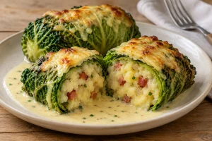 Aufgeschnittenes Wirsingröllchen mit Kartoffel-Speck-Füllung, Gouda und heller Senfsauce