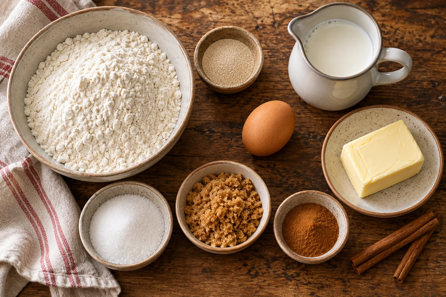 Mehl, Hefe, Milch, Ei, Butter, Zucker und Zimt auf einer Holzfläche
