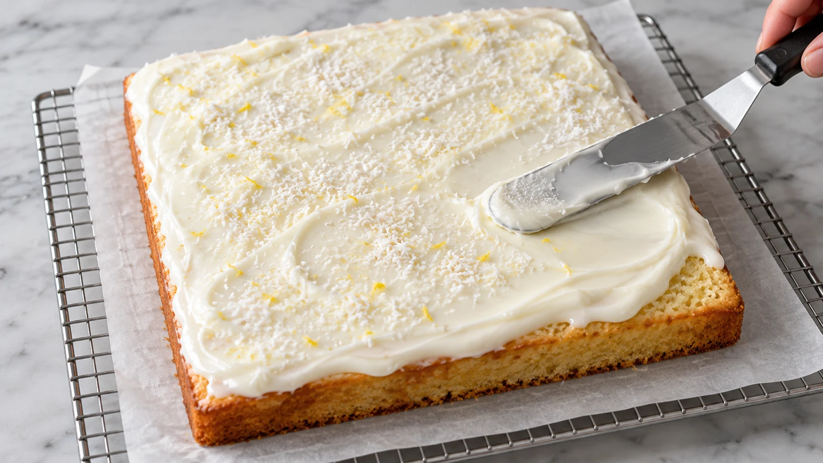 Dickflüssige weiße Zitronenglasur wird auf einem vollständig ausgekühlten quadratischen Kuchen verteilt