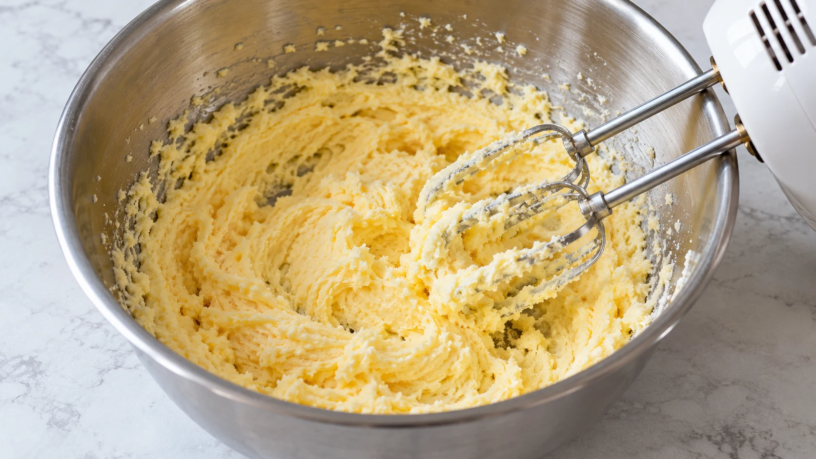 Helle Butter-Ei-Masse in einer Rührschüssel neben einem Handmixer