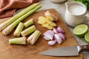 Grob geschnittenes Zitronengras, Ingwerscheiben und Schalotte auf einem Brett neben Limette und Kokosmilch