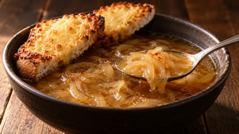 Goldene Zwiebelsuppe mit zwei knusprigen Käsebroten am Rand eines dunklen Tellers