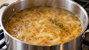 Zwiebelstreifen und Thymian ziehen in einer goldenen Brühe